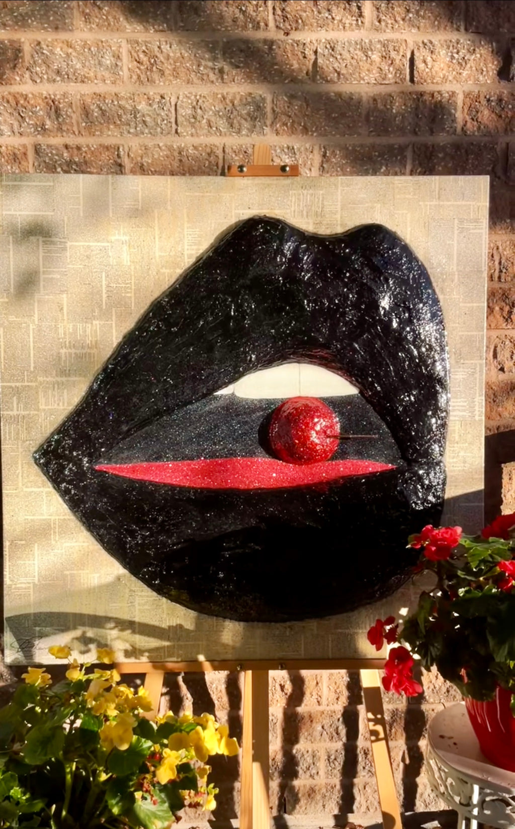 Tentation 36x36 Canvas: Original Black Lips & Red Cherry Pop Art