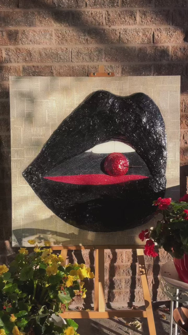 Tentation 36x36 Canvas: Original Black Lips & Red Cherry Pop Art
